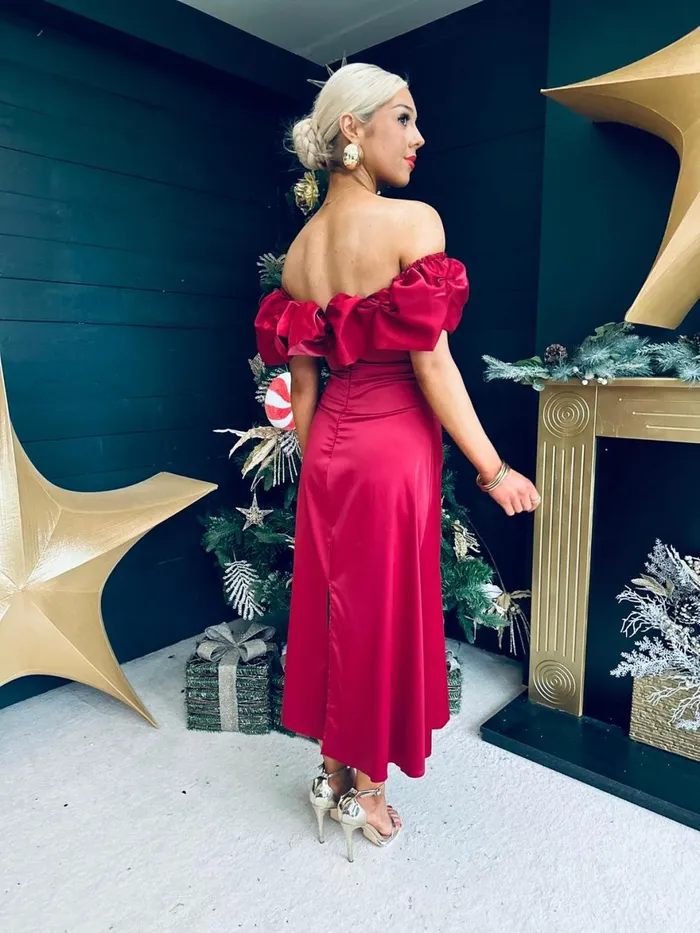 Women Evening Dress Canella Lane Angel Bardot Midi Dress Wine