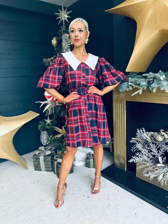 Women Evening Dress Canella Lane Candy Tartan Detailed Mini Dress Red