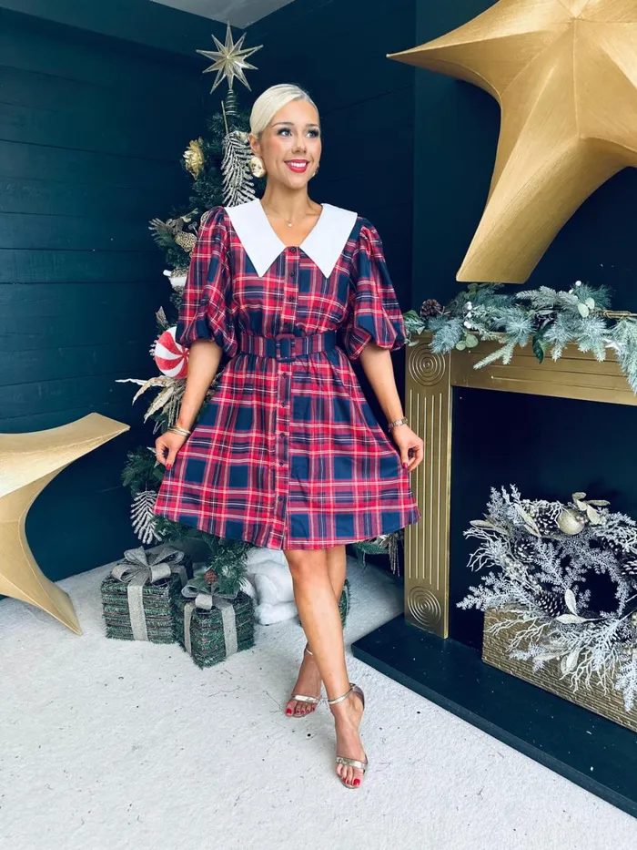 Women Evening Dress Canella Lane Candy Tartan Detailed Mini Dress Red