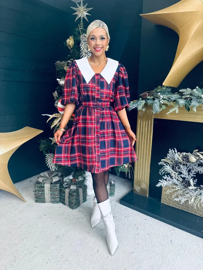 Women Evening Dress Canella Lane Candy Tartan Detailed Mini Dress Red