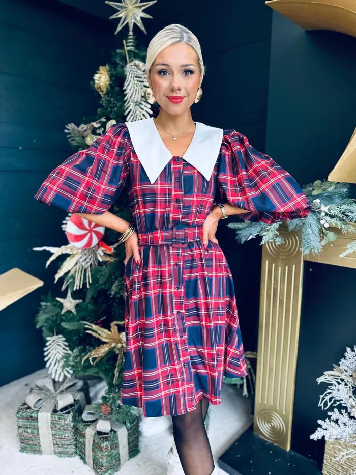 Women Evening Dress Canella Lane Candy Tartan Detailed Mini Dress Red