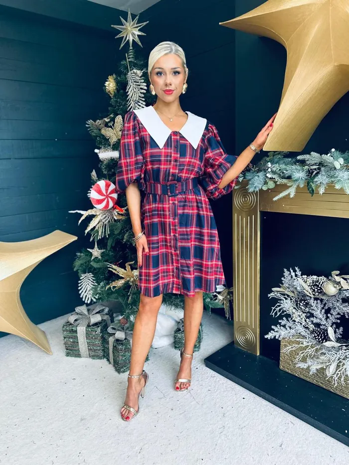 Women Evening Dress Canella Lane Candy Tartan Detailed Mini Dress Red