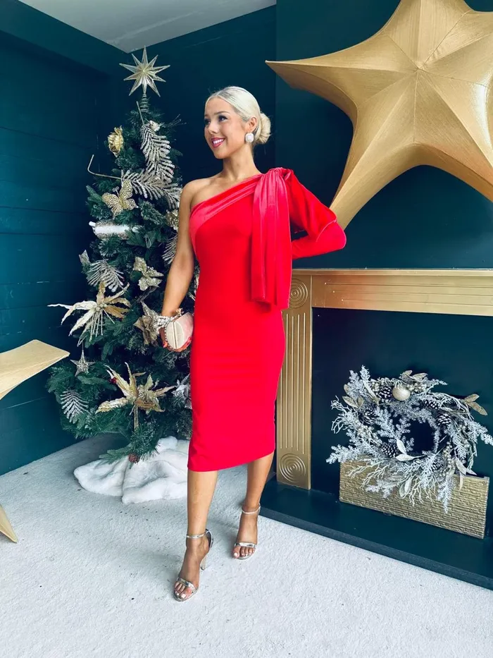 Women Evening Dress Canella Lane Daniella Velvet Detail Occasion Dress Red