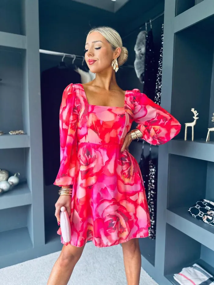 Women Evening Dress Canella Lane Eala Square Neck Mini Floral Coral