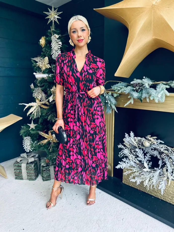 Women Evening Dress Canella Lane Eimear Pleated Midi Dress Black Pink