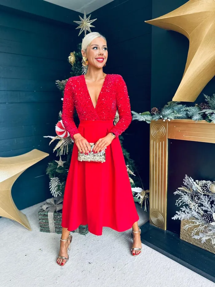 Women Evening Dress Canella Lane Erin Sequin Detail Occasion Dress Red