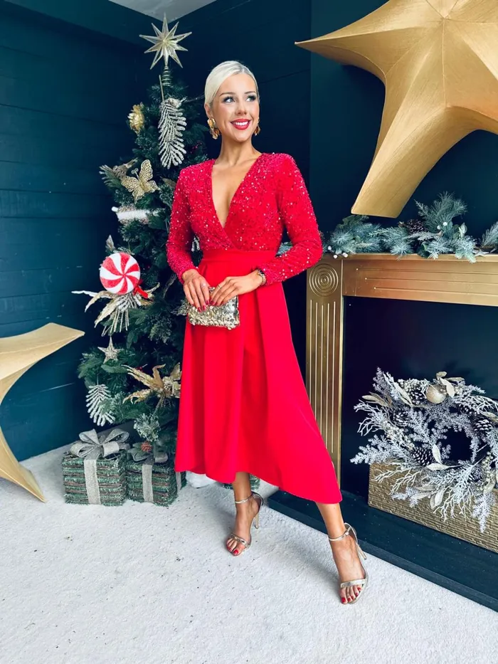 Women Evening Dress Canella Lane Erin Sequin Detail Occasion Dress Red