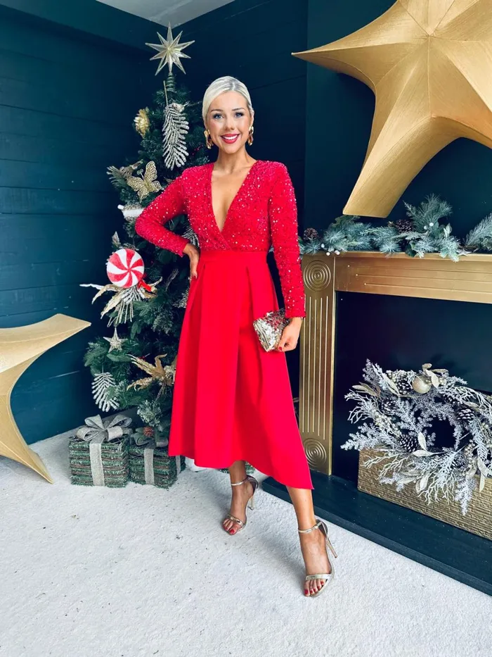 Women Evening Dress Canella Lane Erin Sequin Detail Occasion Dress Red