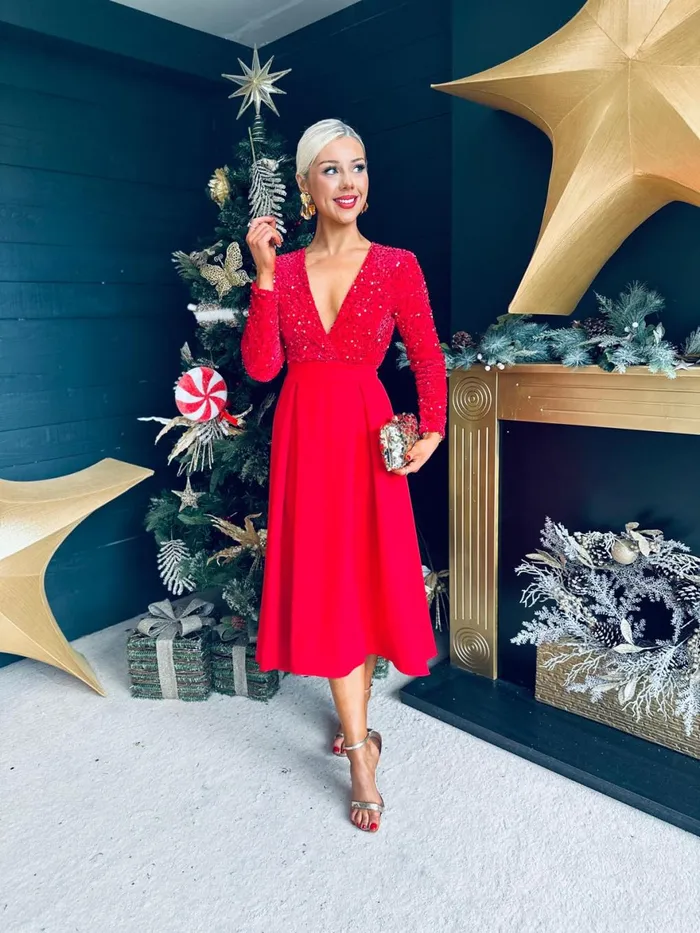 Women Evening Dress Canella Lane Erin Sequin Detail Occasion Dress Red