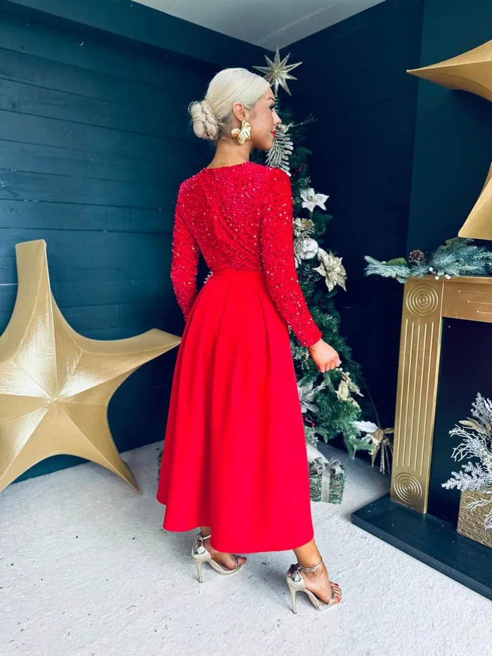 Women Evening Dress Canella Lane Erin Sequin Detail Occasion Dress Red