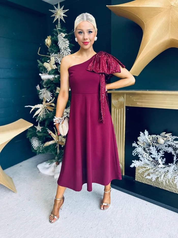 Women Evening Dress Canella Lane Hailey Sequin Bow Detail Dress Burgundy