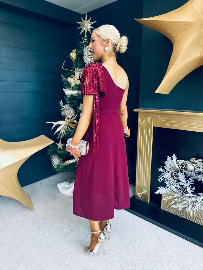Women Evening Dress Canella Lane Hailey Sequin Bow Detail Dress Burgundy