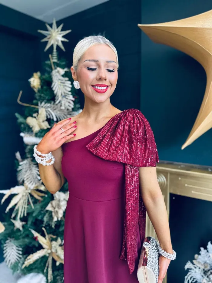 Women Evening Dress Canella Lane Hailey Sequin Bow Detail Dress Burgundy