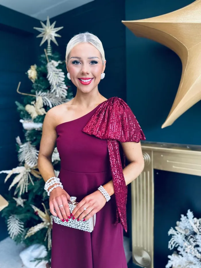 Women Evening Dress Canella Lane Hailey Sequin Bow Detail Dress Burgundy