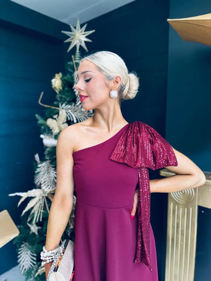 Women Evening Dress Canella Lane Hailey Sequin Bow Detail Dress Burgundy