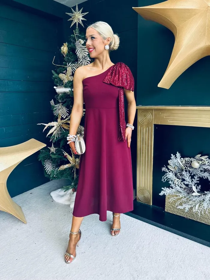 Women Evening Dress Canella Lane Hailey Sequin Bow Detail Dress Burgundy