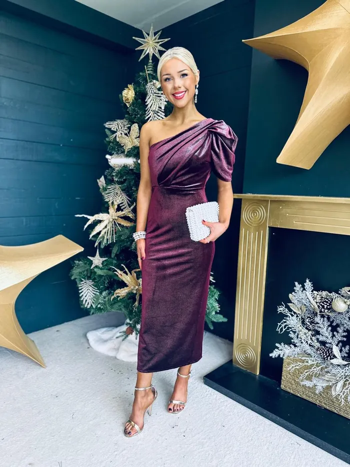 Women Evening Dress Canella Lane Katie One Shoulder Velvet Occasion Dress Burgundy Silver