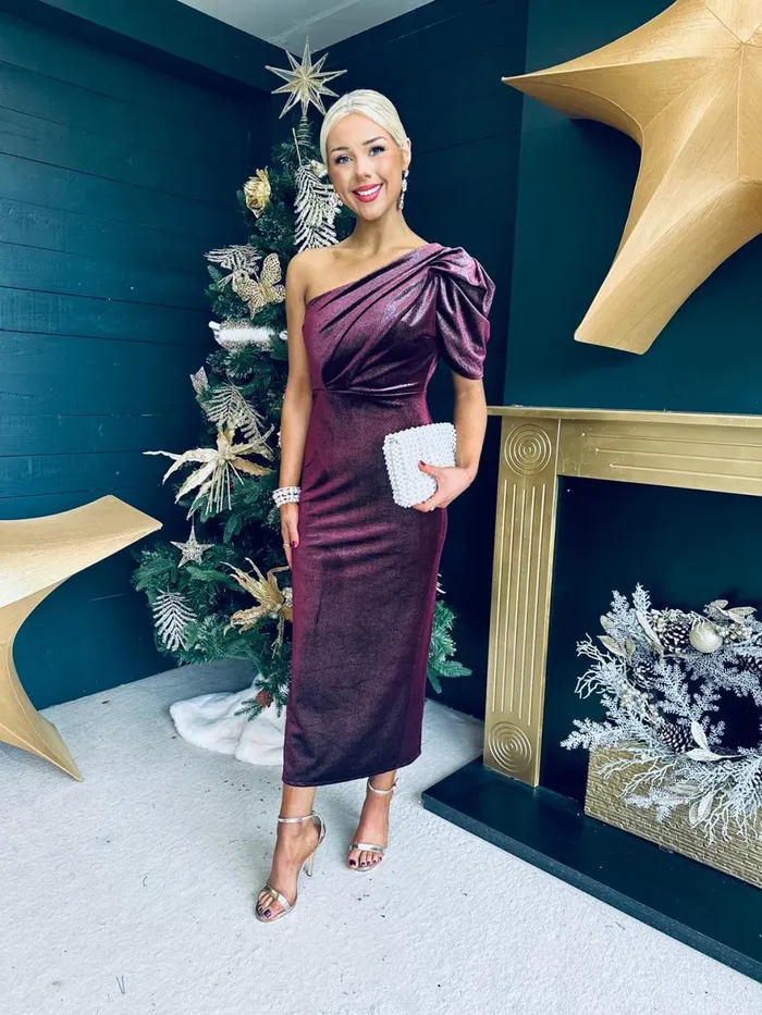 Women Evening Dress Canella Lane Katie One Shoulder Velvet Occasion Dress Burgundy Silver