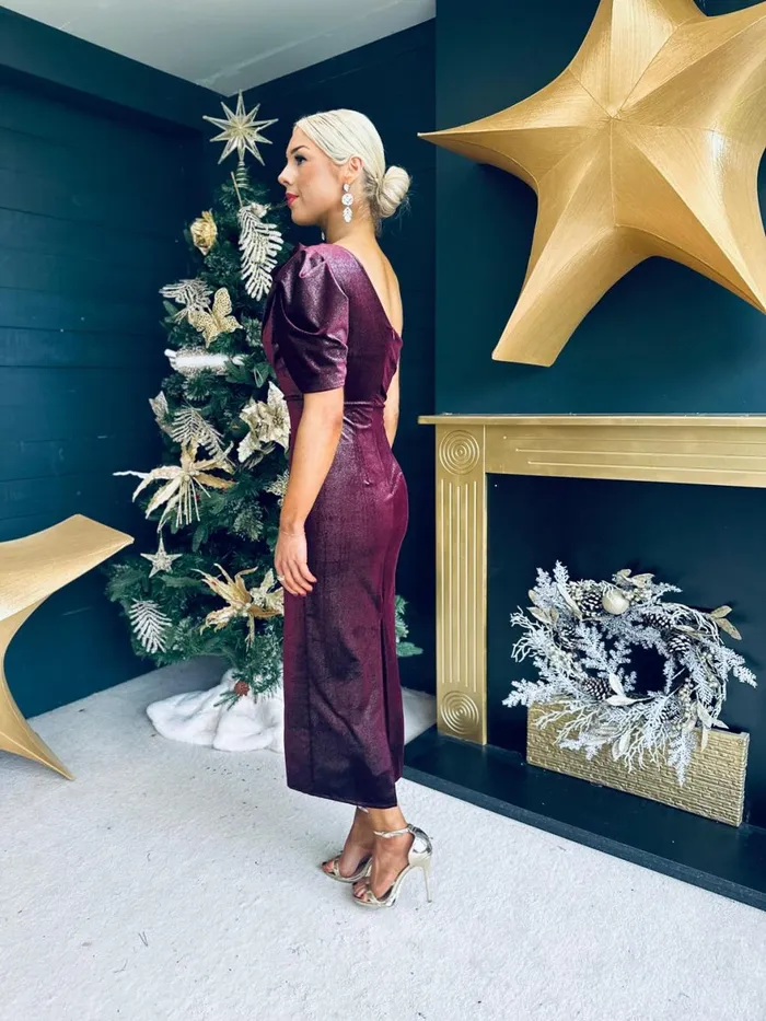 Women Evening Dress Canella Lane Katie One Shoulder Velvet Occasion Dress Burgundy Silver