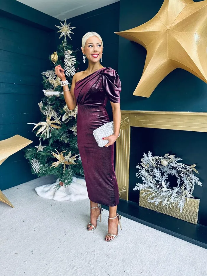 Women Evening Dress Canella Lane Katie One Shoulder Velvet Occasion Dress Burgundy Silver