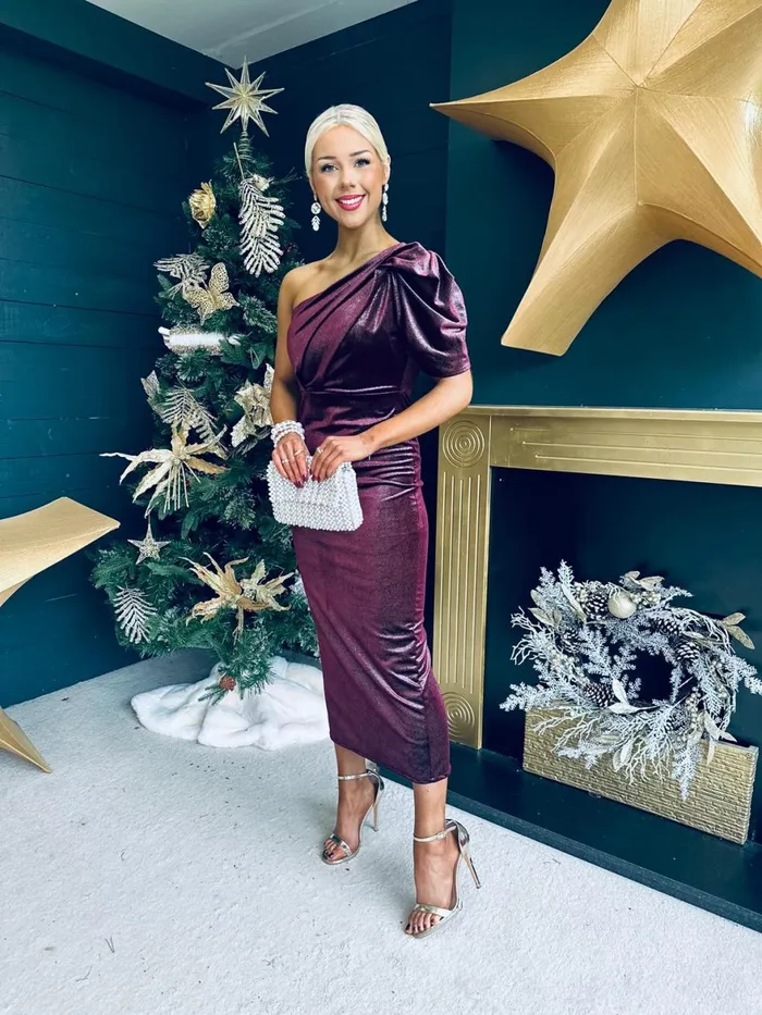 Women Evening Dress Canella Lane Katie One Shoulder Velvet Occasion Dress Burgundy Silver