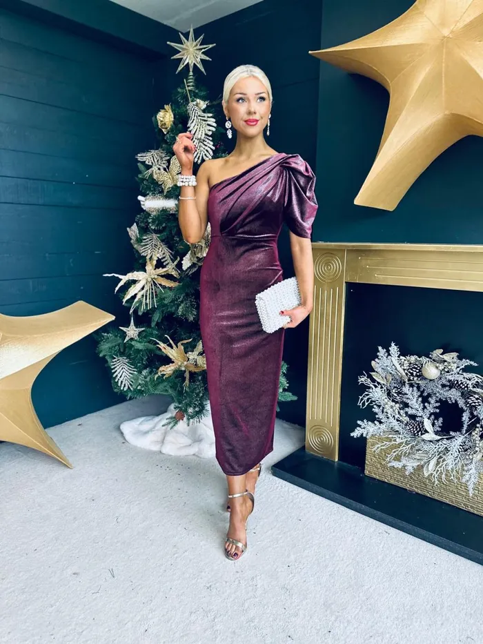 Women Evening Dress Canella Lane Katie One Shoulder Velvet Occasion Dress Burgundy Silver