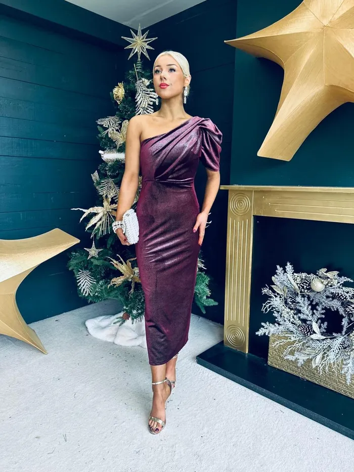 Women Evening Dress Canella Lane Katie One Shoulder Velvet Occasion Dress Burgundy Silver