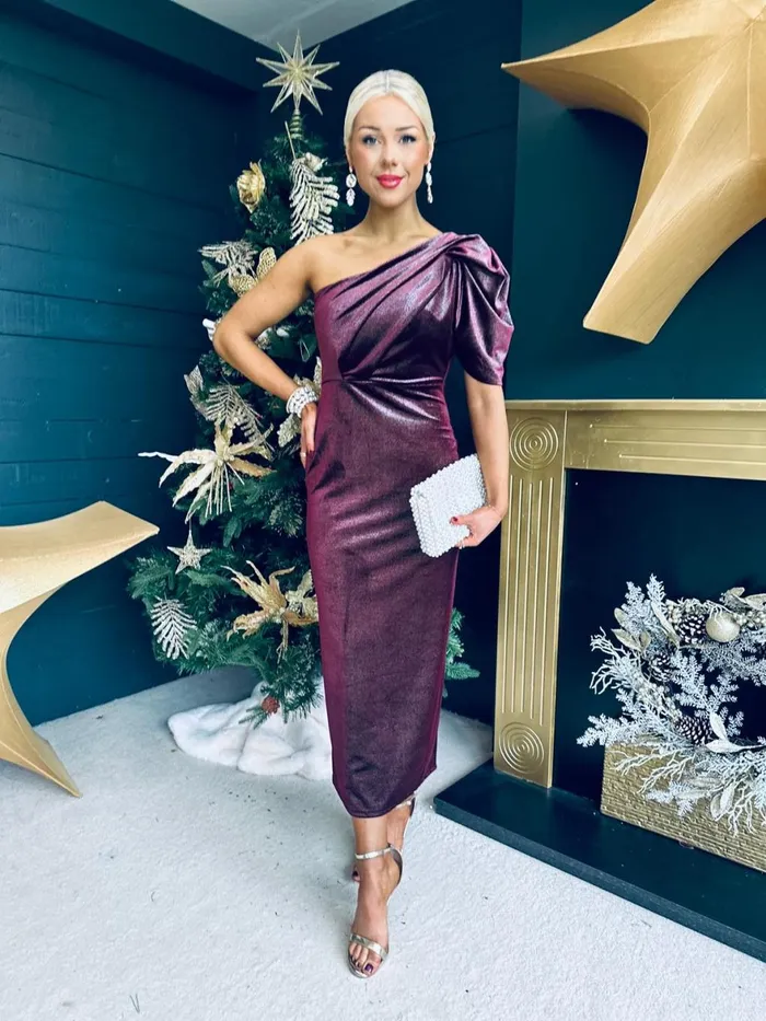 Women Evening Dress Canella Lane Katie One Shoulder Velvet Occasion Dress Burgundy Silver