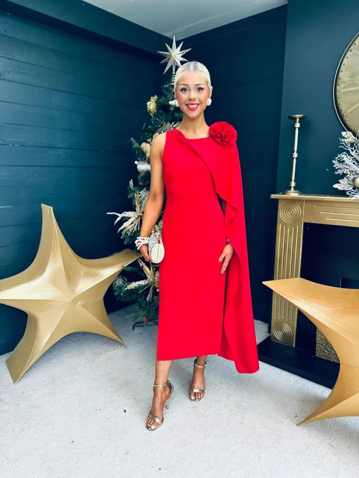 Women Evening Dress Canella Lane Keegan Cape Detail Occasion Dress Red