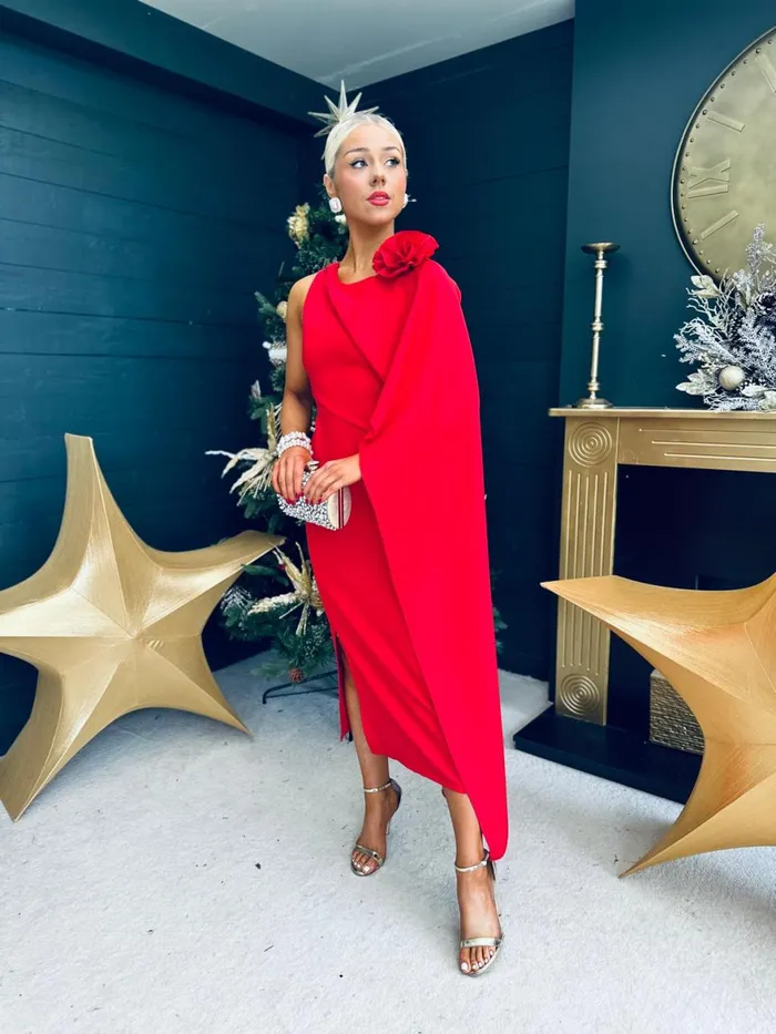 Women Evening Dress Canella Lane Keegan Cape Detail Occasion Dress Red