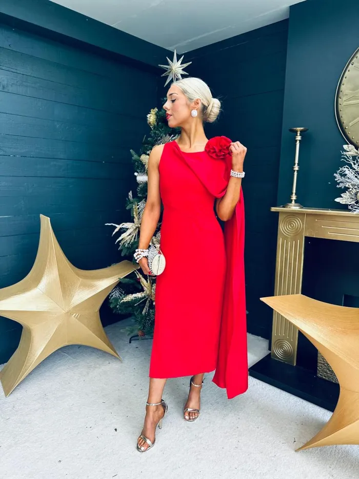 Women Evening Dress Canella Lane Keegan Cape Detail Occasion Dress Red