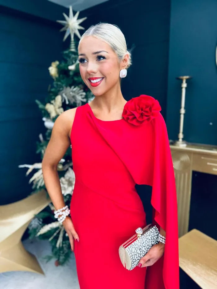 Women Evening Dress Canella Lane Keegan Cape Detail Occasion Dress Red