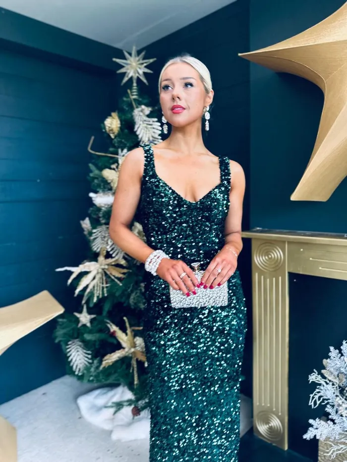 Women Evening Dress Canella Lane Pippa Occasion Midi Dress Sequin Forest
