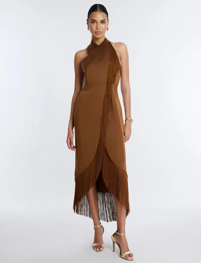 Women Evening Dresses and Gowns BCBG Arla Halter Fringe Dress Monks Robe