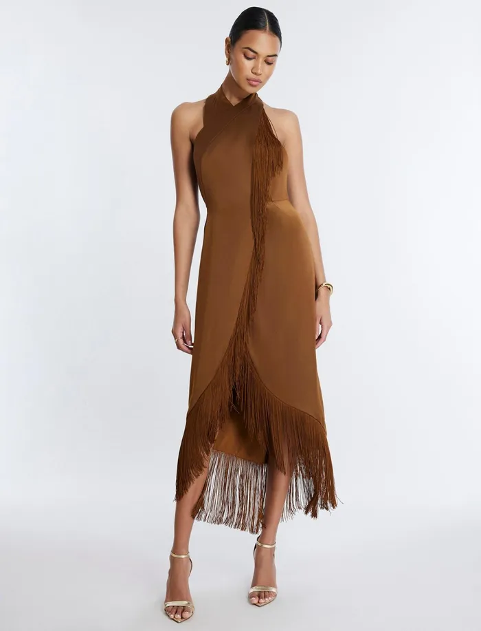 Women Evening Dresses and Gowns BCBG Arla Halter Fringe Dress Monks Robe