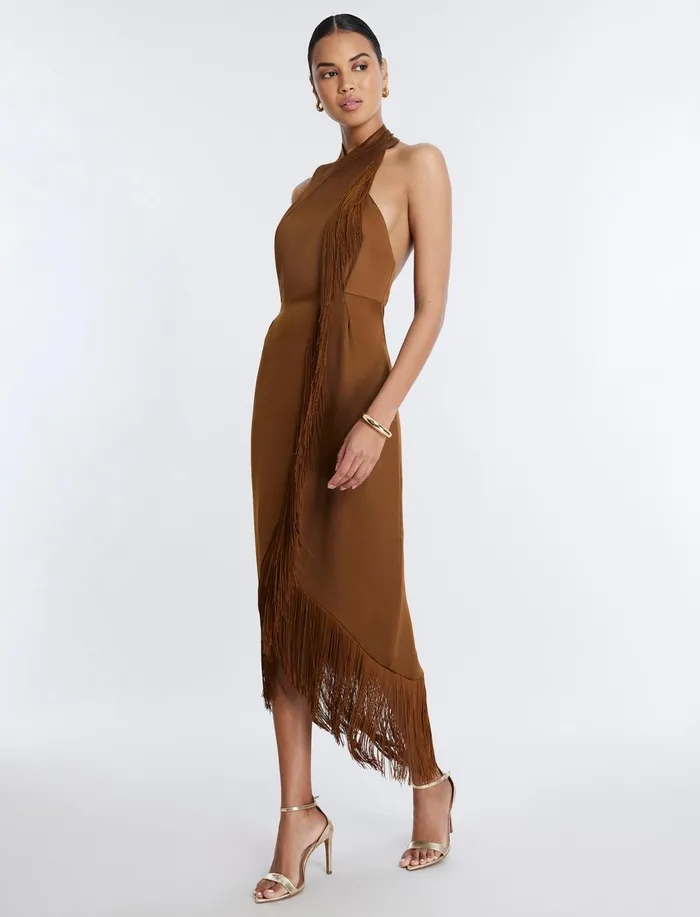 Women Evening Dresses and Gowns BCBG Arla Halter Fringe Dress Monks Robe