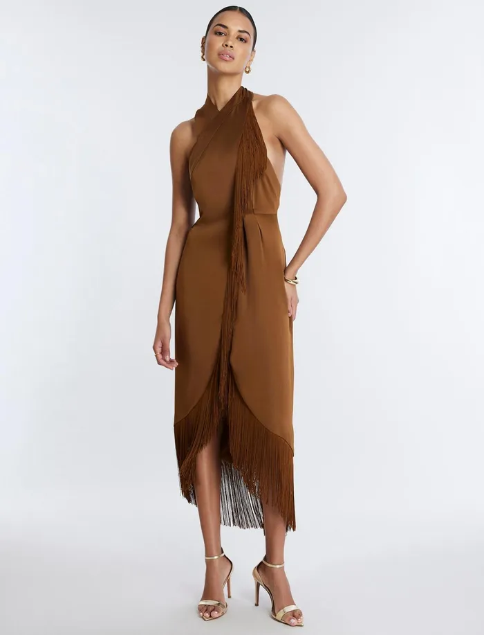 Women Evening Dresses and Gowns BCBG Arla Halter Fringe Dress Monks Robe