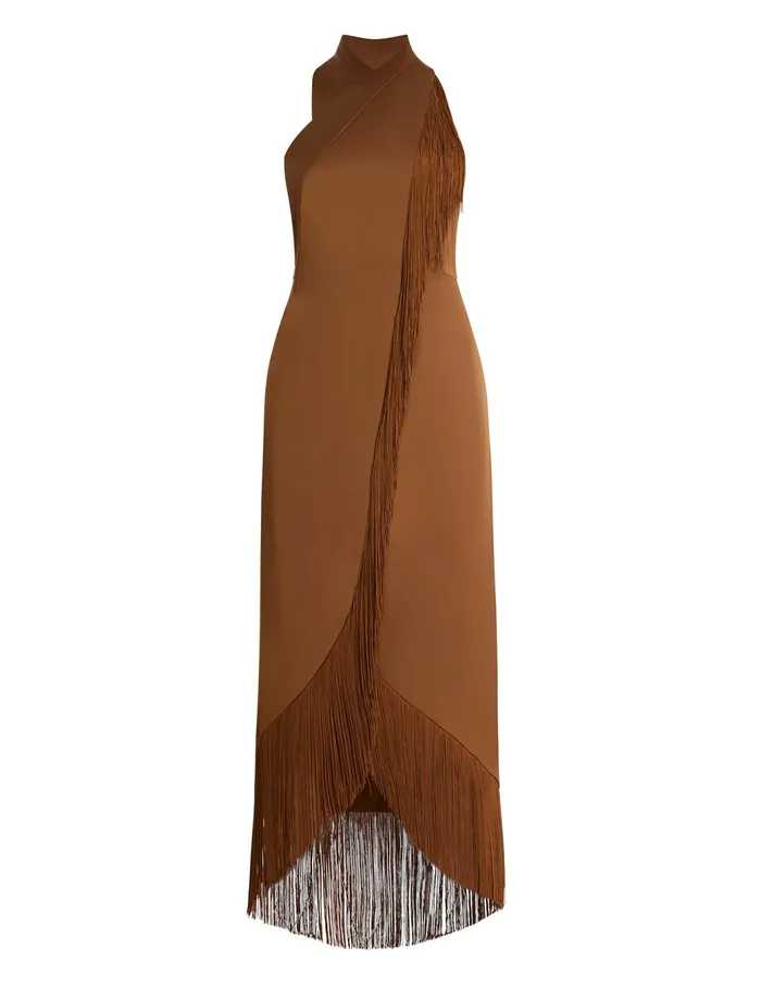 Women Evening Dresses and Gowns BCBG Arla Halter Fringe Dress Monks Robe