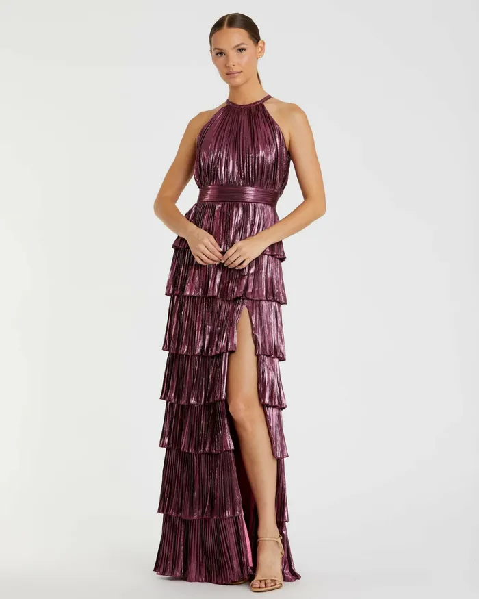 Women Evening Gowns Mac Duggal High Neck Heat Pleated Tiered Ruffle Metallic Dress Rose