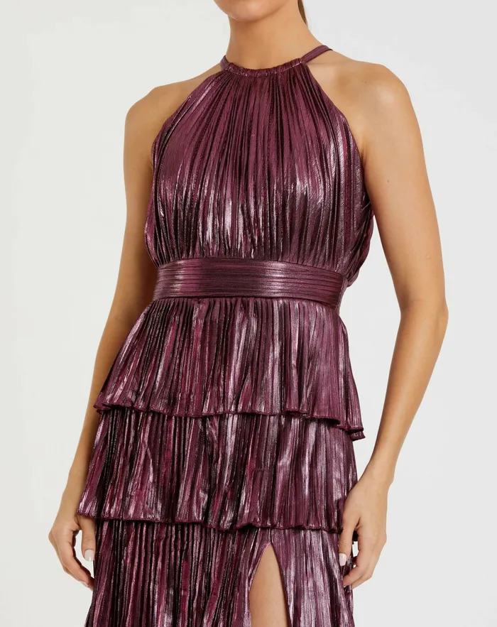 Women Evening Gowns Mac Duggal High Neck Heat Pleated Tiered Ruffle Metallic Dress Rose