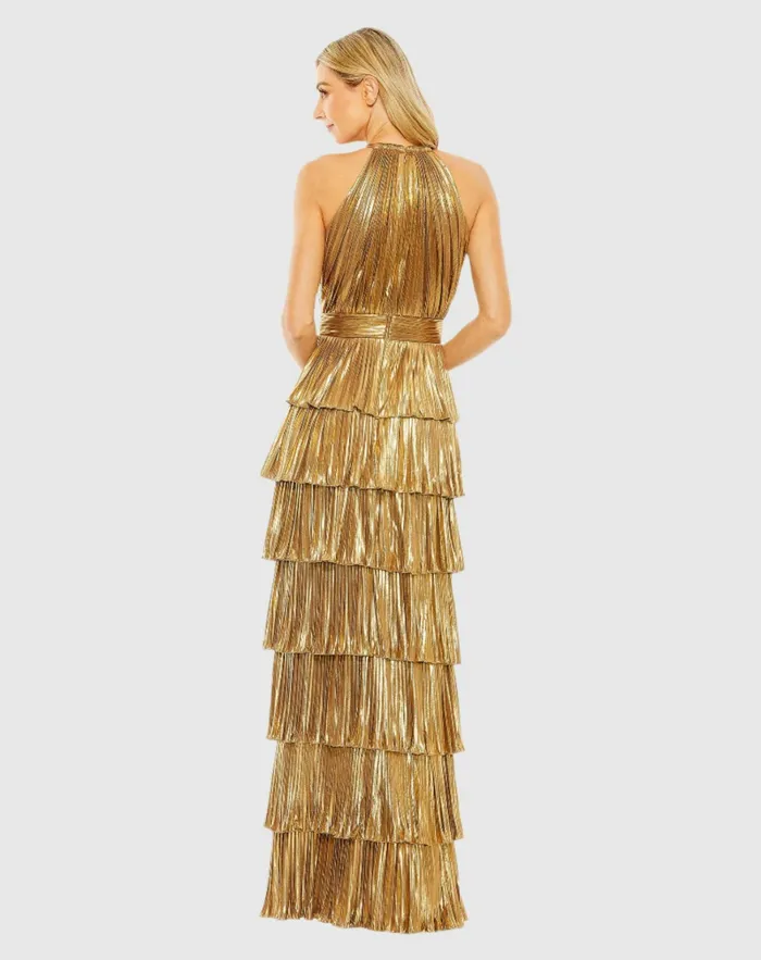 Women Evening Gowns Mac Duggal High Neck Heat Pleated Tiered Ruffle Metallic Dress Rose
