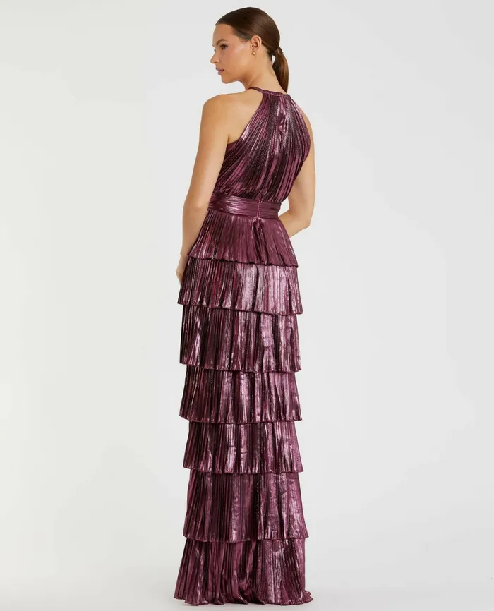 Women Evening Gowns Mac Duggal High Neck Heat Pleated Tiered Ruffle Metallic Dress Rose