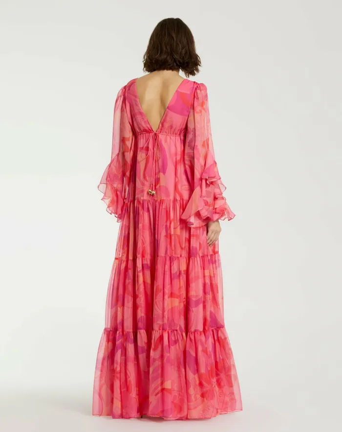 Women Every Day Dresses Mac Duggal Hibiscus Printed Chiffon Ruffle Long Sleeve V Neck Maxi Dress Hibiscus Multi