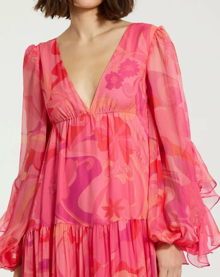Women Every Day Dresses Mac Duggal Hibiscus Printed Chiffon Ruffle Long Sleeve V Neck Maxi Dress Hibiscus Multi