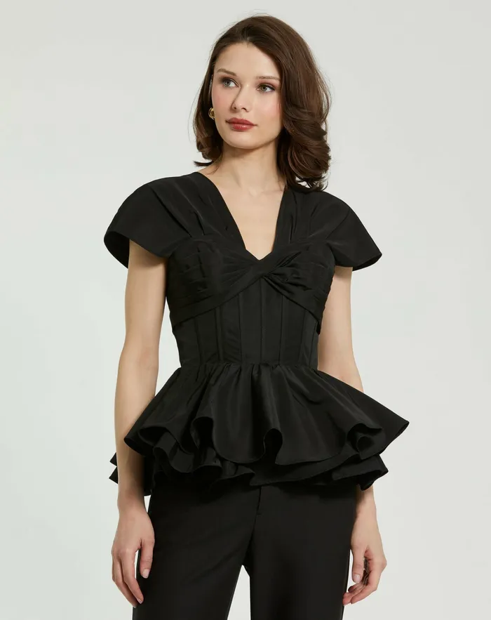 Women Faille Twist Bustier Peplum Top Black Blouses and Tops Mac Duggal