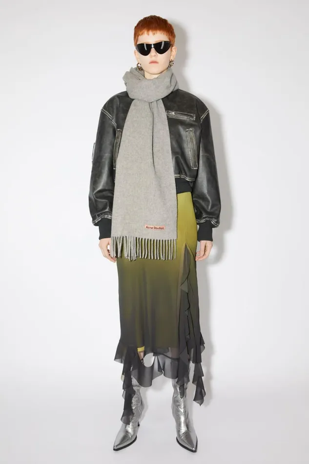 Women Fringe Wool Scarf 8211 Narrow Light Grey Melange Acne Studios Scarves