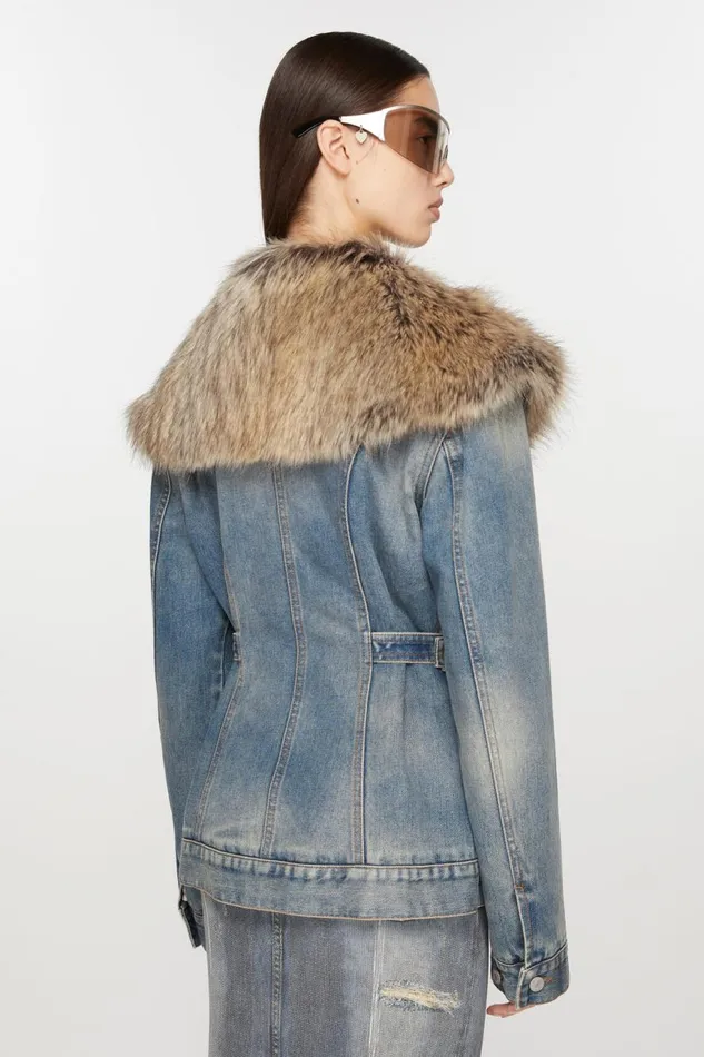 Women Furry Trim Denim Jacket Mid Blue Acne Studios Outerwear