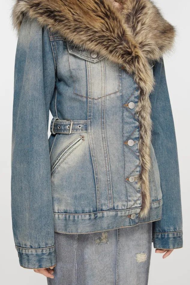 Women Furry Trim Denim Jacket Mid Blue Acne Studios Outerwear