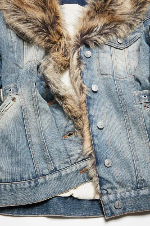 Women Furry Trim Denim Jacket Mid Blue Acne Studios Outerwear
