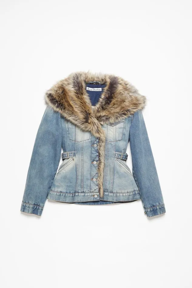 Women Furry Trim Denim Jacket Mid Blue Acne Studios Outerwear